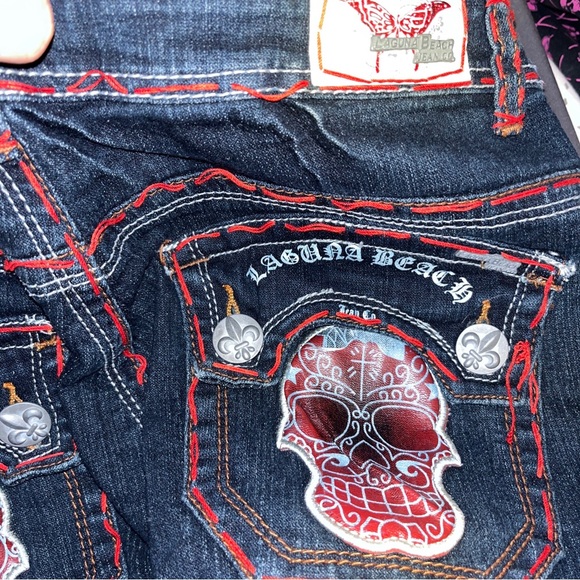 LAGUNA BEACH JEANS VINTAGE STRAIGHT CUT POCKET SKULLS SIZE 31 BLUE MADE IN USA - Picture 9 of 14